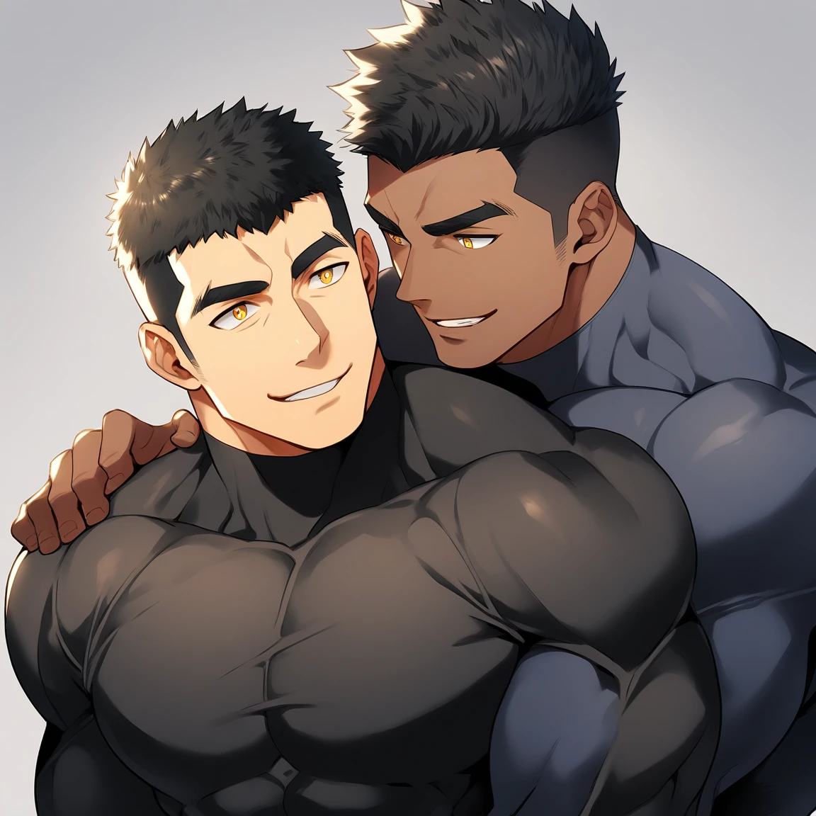 anime characters:Two superheroes in tights, Muscle superhero, negro black skin, They hugged and kissed each other, Bite your neck, Caress, Manliness, male focus, Yellow and black high collar long sleeve tight T-shirt, Slightly transparent material, Very tight, Round, full and perky chest muscles, Muscle waist, Slightly transparent, muscular male, muscular, only, Upper body, alone, Black short hair, Thick eyebrows, stubble, Yellow eyes, Grey background, simple background, amazing quality, best aesthetics, Ridiculous, bright pupils, crew cut, parted lips, seductive smile, torogao, naughty face, drop shadow, best quality