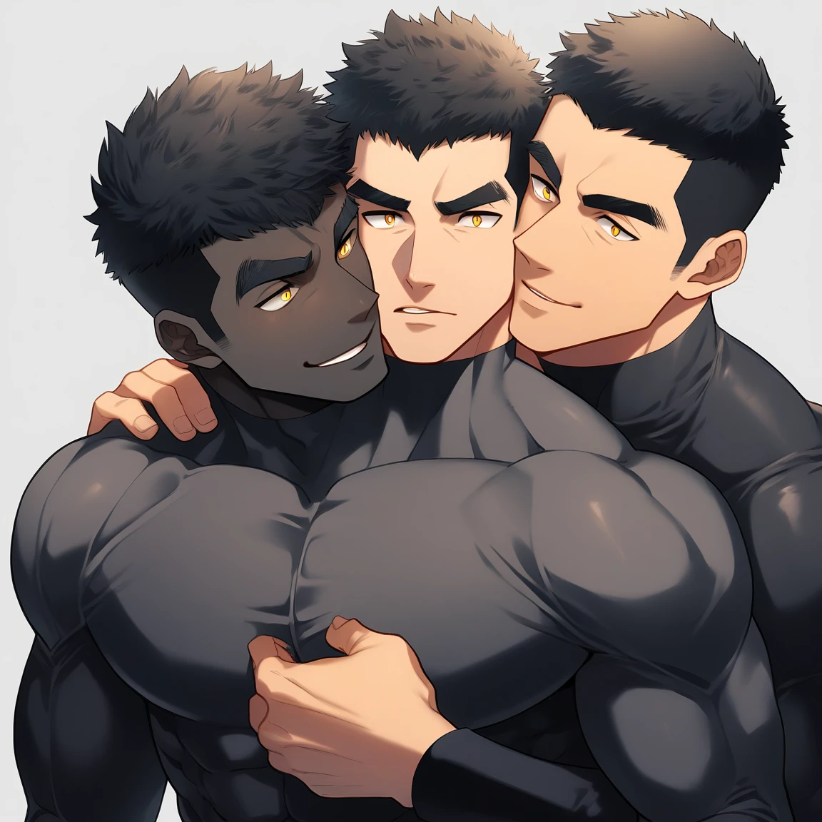 anime characters：Two superheroes in tights, Muscle superhero, negro black skin, They hugged and kissed each other, Bite your neck, Caress, Manliness, male focus, Yellow and black high collar long sleeve tight T-shirt, Slightly transparent material, Very tight, Round, full and perky chest muscles, Muscle waist, Slightly transparent, muscular male, muscular, only, Upper body, alone, Black short hair, Thick eyebrows, stubble, Yellow eyes, Grey background, simple background, amazing quality, best aesthetics, Ridiculous, bright pupils, crew cut, parted lips, seductive smile, torogao, naughty face, drop shadow, best quality