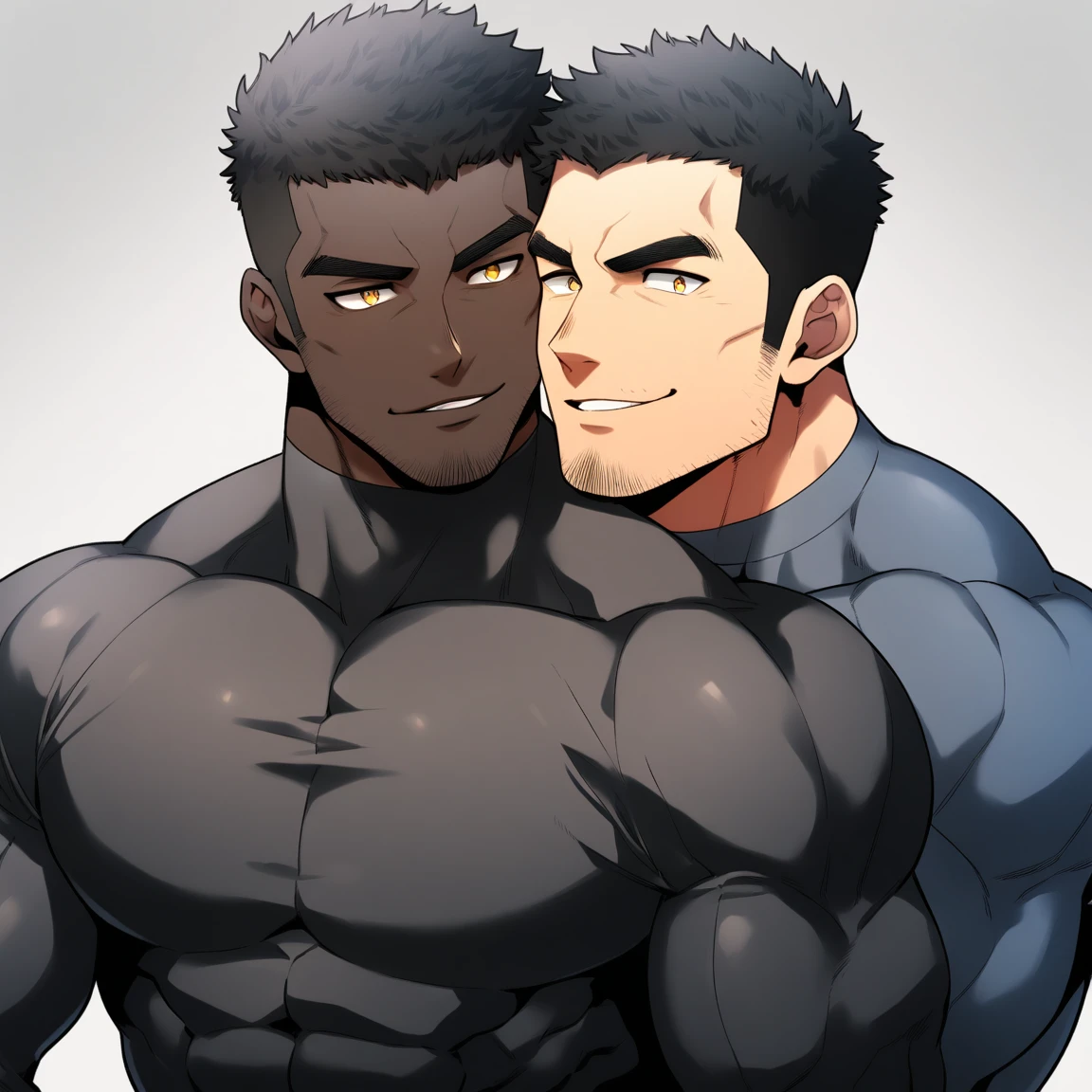 anime characters：Two superheroes in tights, Muscle superhero, negro black skin, They hugged and kissed each other, Bite your neck, Caress, Manliness, male focus, Yellow and black high collar long sleeve tight T-shirt, Slightly transparent material, Very tight, Round, full and perky chest muscles, Muscle waist, Slightly transparent, muscular male, muscular, only, Upper body, alone, Black short hair, Thick eyebrows, stubble, Yellow eyes, Grey background, simple background, amazing quality, best aesthetics, Ridiculous, bright pupils, crew cut, parted lips, seductive smile, torogao, naughty face, drop shadow, best quality