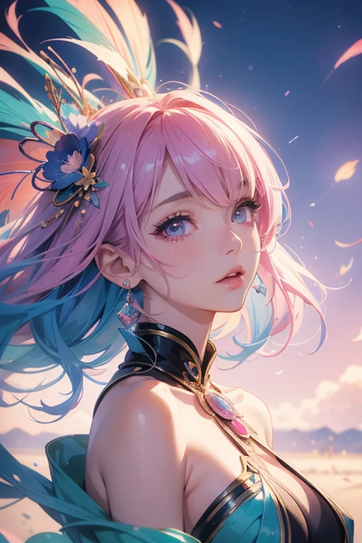 Girl with blue-pink hair and peacock feathers, Inspired by Narihiko-kun, society, 🌺 Anime Style. 8K, Anime Style 3D, Popular with CGstation, 8K high quality detail art, Gubes-style artwork, Fantasy art style, Realistic anime 3D style, Anime inspiration, Anime Style mixed with Fujifilm