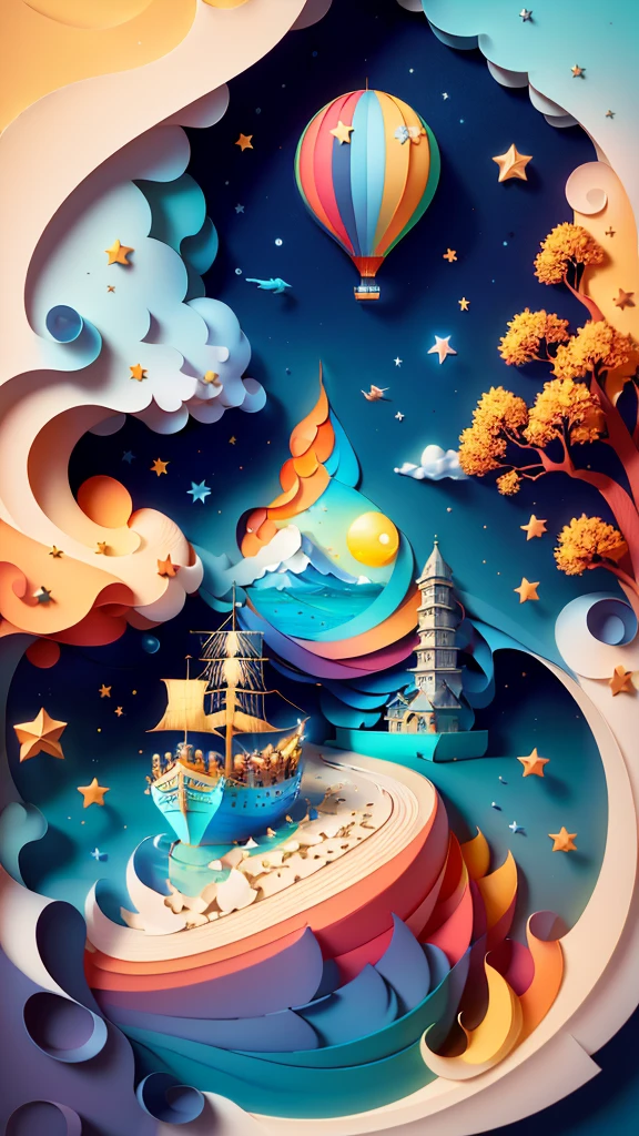 (((Masterpiece))),Best Quality, illustration, sky, cloud, water, Star \(Symbol\), tree, nonhuman, evening, bird, officer, building, Star \(sky\), evening sky, scenery, Starry sky, watercraft, castillo, boat, waves, tower, bottle. Vibrant color scheme, Luz outfit,(warm color:1.2),watercolor painting, light background, Best Quality exquisite details,3D rendering,octane rendering, pastel, Paper_cut