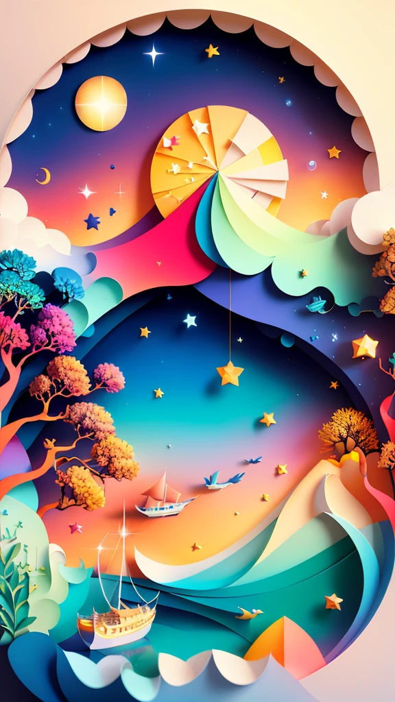(((Masterpiece))),Best Quality, illustration, sky, cloud, water, Star \(Symbol\), tree, nonhuman, evening, bird, officer, building, Star \(sky\), evening sky, scenery, Starry sky, watercraft, castillo, boat, waves, tower, bottle. Vibrant color scheme, Luz outfit,(warm color:1.2),watercolor painting, light background, Best Quality exquisite details,3D rendering,octane rendering, pastel, Paper_cut