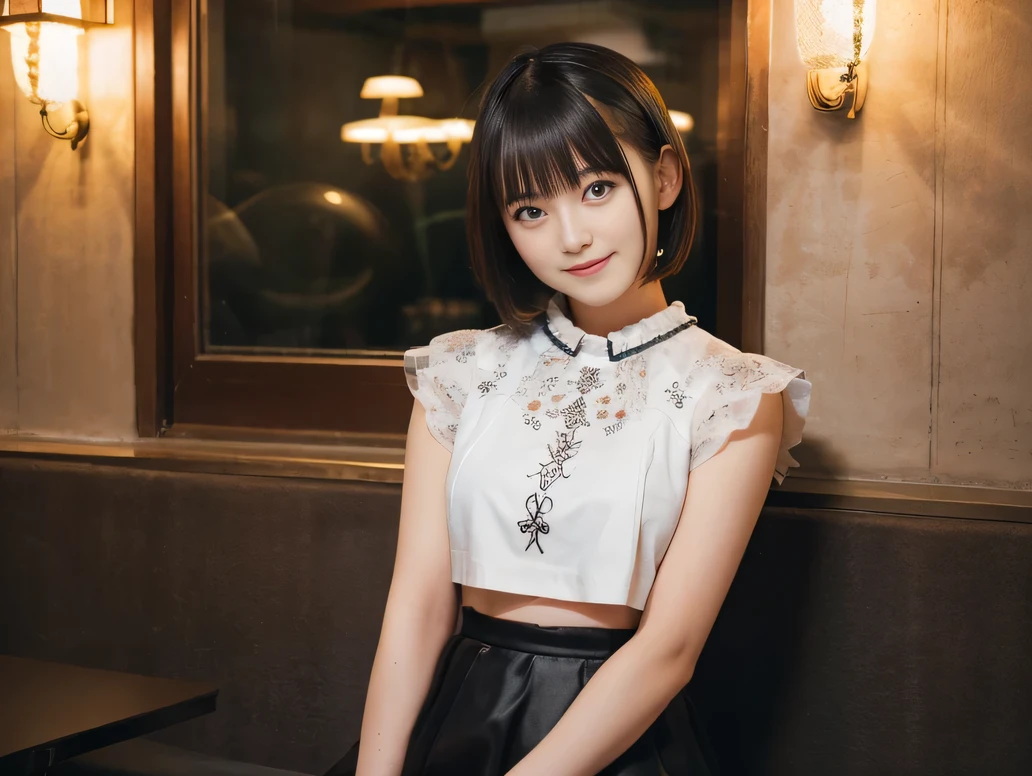 (8K, RAW Photos:1.2), Detailed face and eyes,最high quality, Ultra-high resolution, Very detailed ,Intricate details ,Tabletop ,pretty girl ,Round eyes、 Soft cinematic light, Hyper Detail,Sharp focus, high quality, Brown Hair,((Bobcut))、(Straight bangs)、City of night、Night view、 ((White crop top))、((Black tulle skirt))、”dwarf”、(Full Body Shot)、Waist、(I can see your thighs)、Cowboy Shot、Smile、Floral clothes、Clothes with short sleeves、(Large Breasts)、