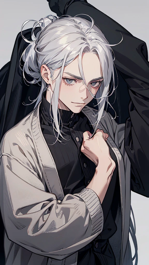 Man, young man, silver hair, cold expression, no eyebrows, slanted eyes, grey eyes, long hair tied up, black cardigan, upper body, arms down, wicked smile