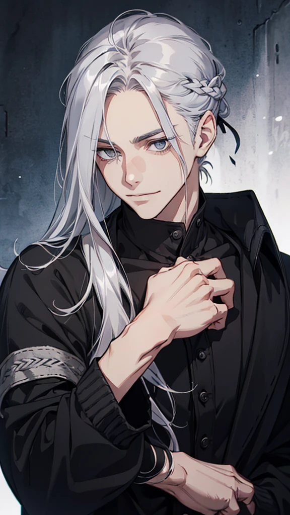 Man, young man, silver hair, cold expression, no eyebrows, slanted eyes, grey eyes, long hair tied up, black cardigan, upper body, arms down, wicked smile