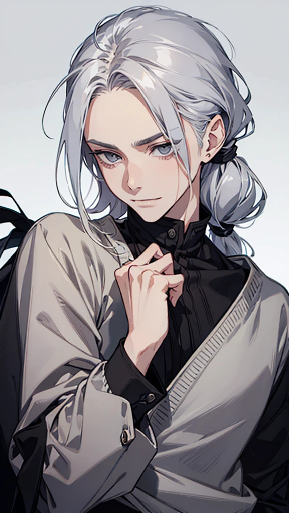 Man, young man, silver hair, cold expression, no eyebrows, slanted eyes, grey eyes, long hair tied up, black cardigan, upper body, arms down, wicked smile
