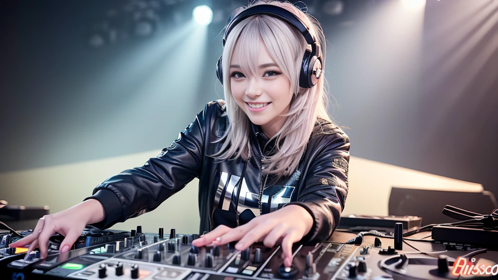 (ultra - detailed, 16K resolution, Cinema lenses, rendering by octane), (high resolution:1.18), intricate detail, (masterpiece:1.1), (highest quality:1.1), (1girl, portrait, white hair, blue eyes, short hair, detailed eyes),Wearing silver DJ headphones, Shiny silver sequined T-shirt, (Iconic hip-hop pop costumes:1.3), Smile while DJing on stage, full body shot of, The spotlight shines on the female DJ. Photorealistic photography by Disco Lighting, (cute round face:1.3), perfect fingers, five fingers, beautiful hands, perfect hands. master peace, cute smile.
