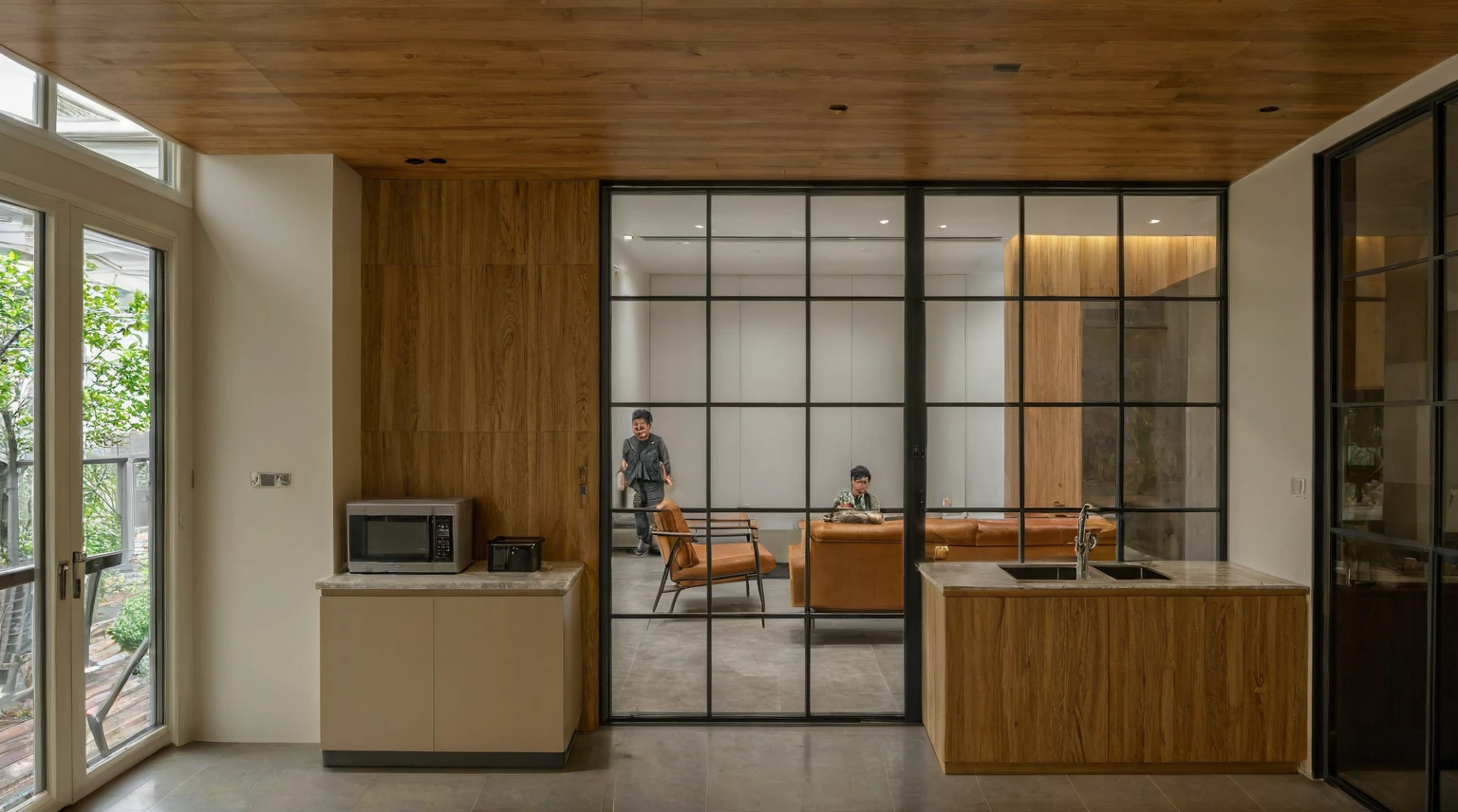 Raw photo, Masterpiece, high quality, best quality, authentic, super detail, interior, indoors,  style modern, minimalist line, wooden, oak wood, led light, beige paint wall, sofa, daylight, atrium, LIVING ROOM, PEN HOUSE, kitchen, island kitchen, alu window, japan style, wasabi style, Jen style, steel stair, glass railing