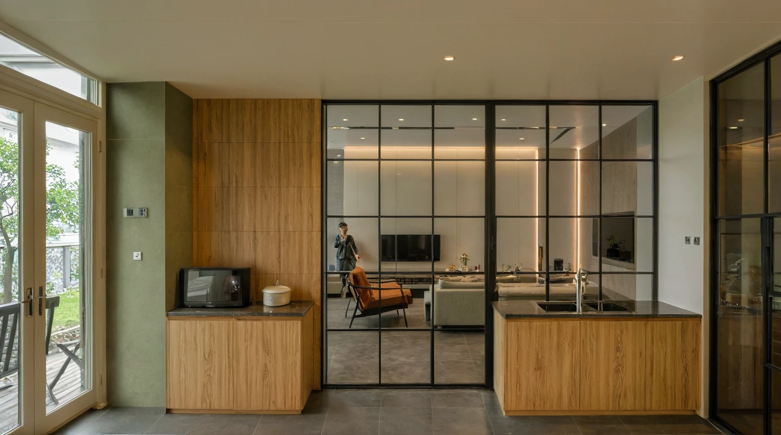 Raw photo, Masterpiece, high quality, best quality, authentic, super detail, interior, indoors, style modern, minimalist line, wooden, oak wood, led light, beige paint wall, sofa, daylight, atrium, LIVING ROOM, PEN HOUSE, kitchen, island kitchen, alu window, japan style, wasabi style, Jen style, steel stair, glass railing