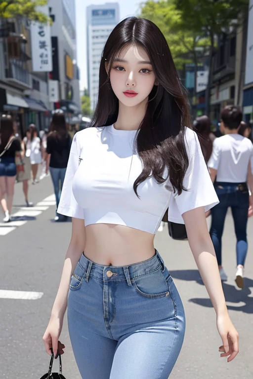 A woman in a white shirt and jeans walking on the street., korean girl, gorgeous young korean woman, thin waist and thick hips, beautiful south korean woman, beautiful young korean woman, wearing simple, tight clothing, korean woman, beautiful asian girl, wearing crop top, slim girl model photo, korean female fashion model, attractive girl, wearing a sexy crop top