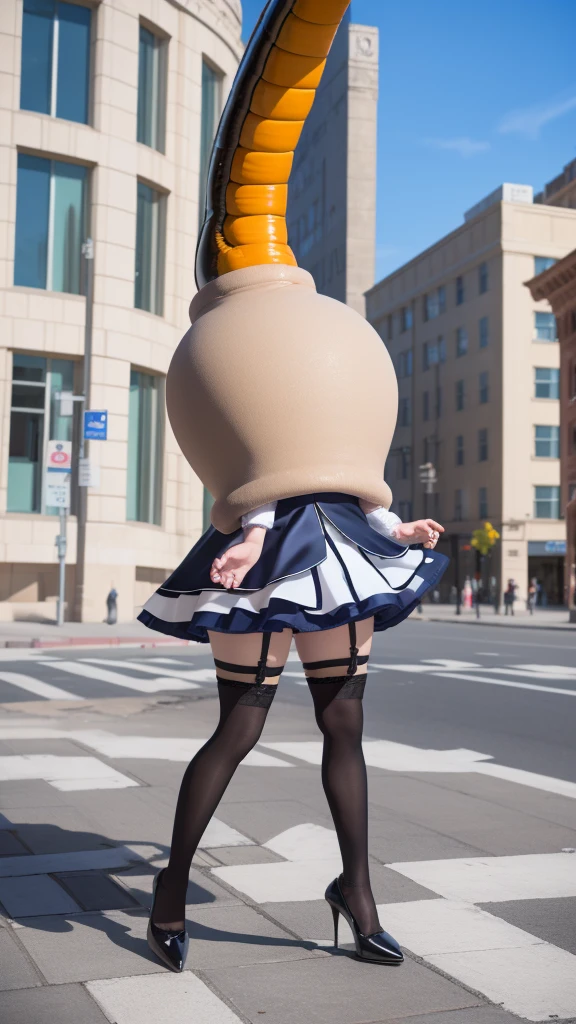 1girl, natural lighting, masterpiece, highly detailed, realistic, 8k resolution, high quality, aichan, city, short idol dress, white thigh highs, narrow waist, (cell vore), (tail vore:1.3), struggling, high heels, struggling