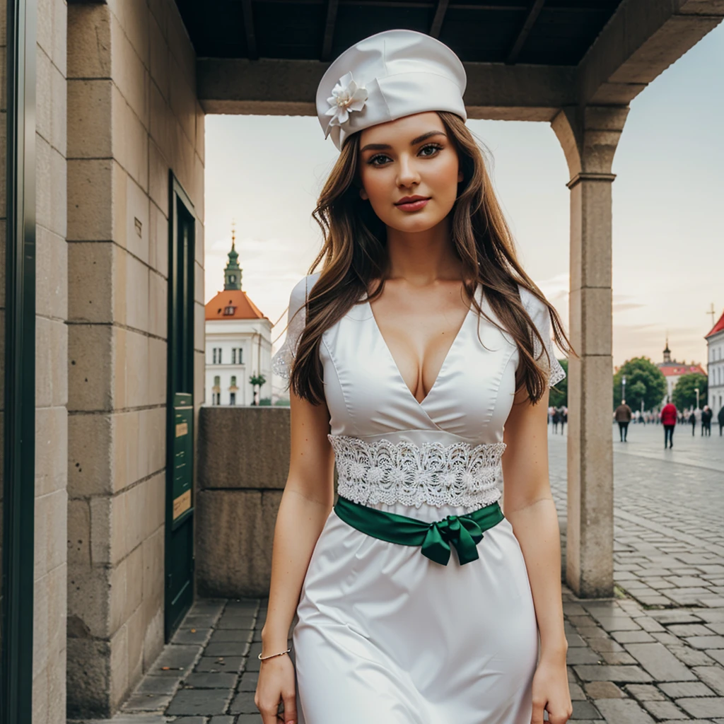 Lithuania, lovely woman, pretty dress, central squares, in Vilnius, in front of famous monument of Vilnius, smirk, pose sexy, clothes in the color of the Lithuanian flag