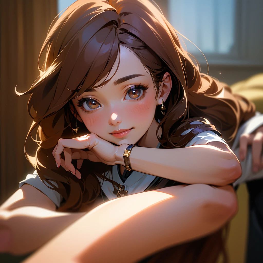 (masterpiece, best quality, ultra-detailed, highres, 4k),(beautiful detailed eyes),(very detailed face),(1girl),HDR,long hair, cute, brown eyes, brown hair, cellphone,  watch, lips, solo focus, nail polish, blurry background, smile, wristwatch, realistic, blurry, looking at viewer