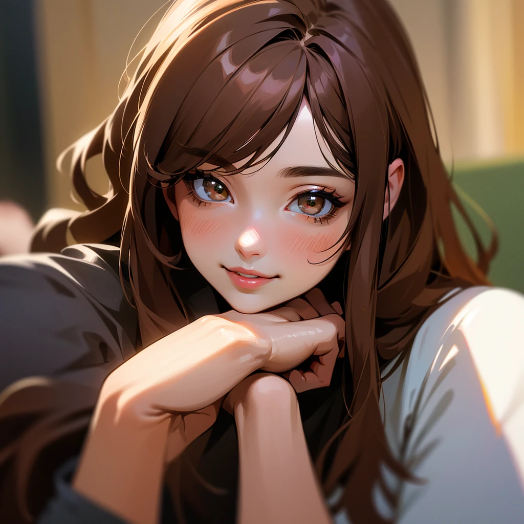 (masterpiece, best quality, ultra-detailed, highres, 4k),(beautiful detailed eyes),(very detailed face),(1girl),HDR,long hair, cute, brown eyes, brown hair, cellphone, watch, lips, solo focus, nail polish, blurry background, smile, wristwatch, realistic, blurry, looking at viewer