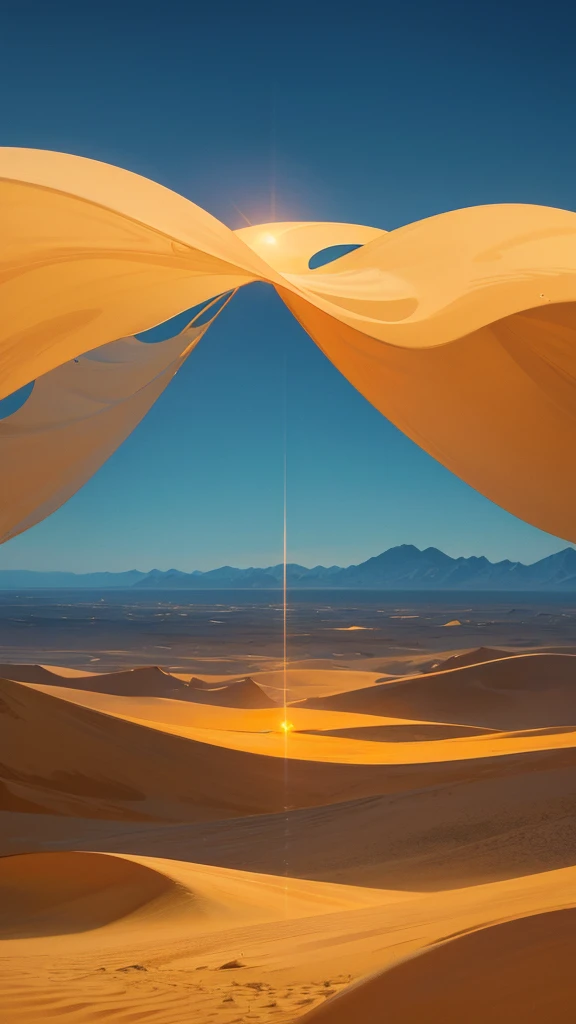 "In the vast, golden desert, under the endless orange-blue sky, floating, ethereal faces appear, gently whispering invisible words. The wind forms subtle, translucent streaks that wind among the dunes like magical, elusive beings . In the distance, on the horizon, mysterious shapes shimmer, resembling the outline of a forgotten city that seems to float on the border of reality and dream."