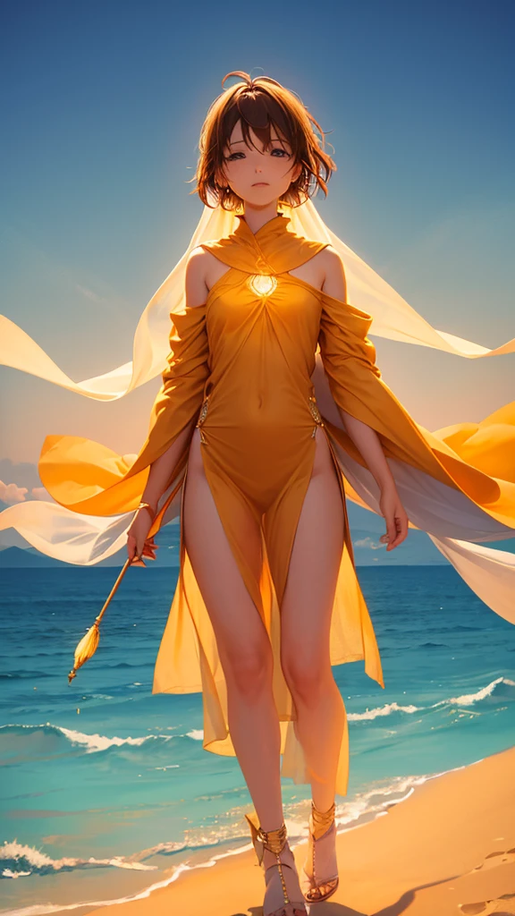 "In the vast, golden desert, under the endless orange-blue sky, floating, ethereal faces appear, gently whispering invisible words. The wind forms subtle, translucent streaks that wind among the dunes like magical, elusive beings . In the distance, on the horizon, mysterious shapes shimmer, resembling the outline of a forgotten city that seems to float on the border of reality and dream."