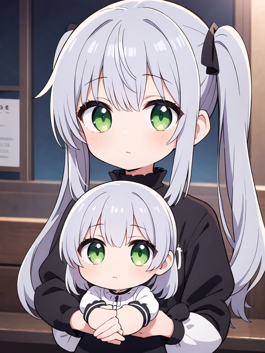 Silver Hair、Twin tails、girl、Green Eyes、Confused eyes、Chibi character