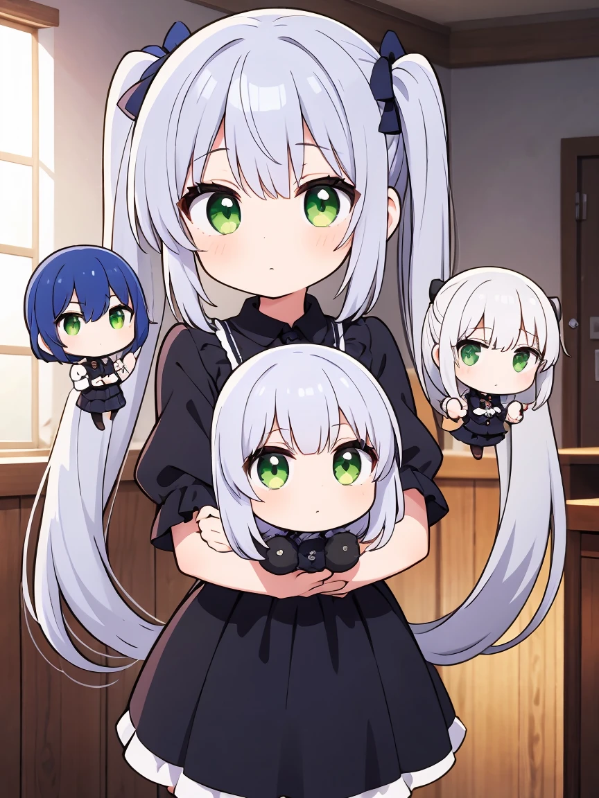 Silver Hair、Twin tails、girl、Green Eyes、Confused eyes、Chibi character