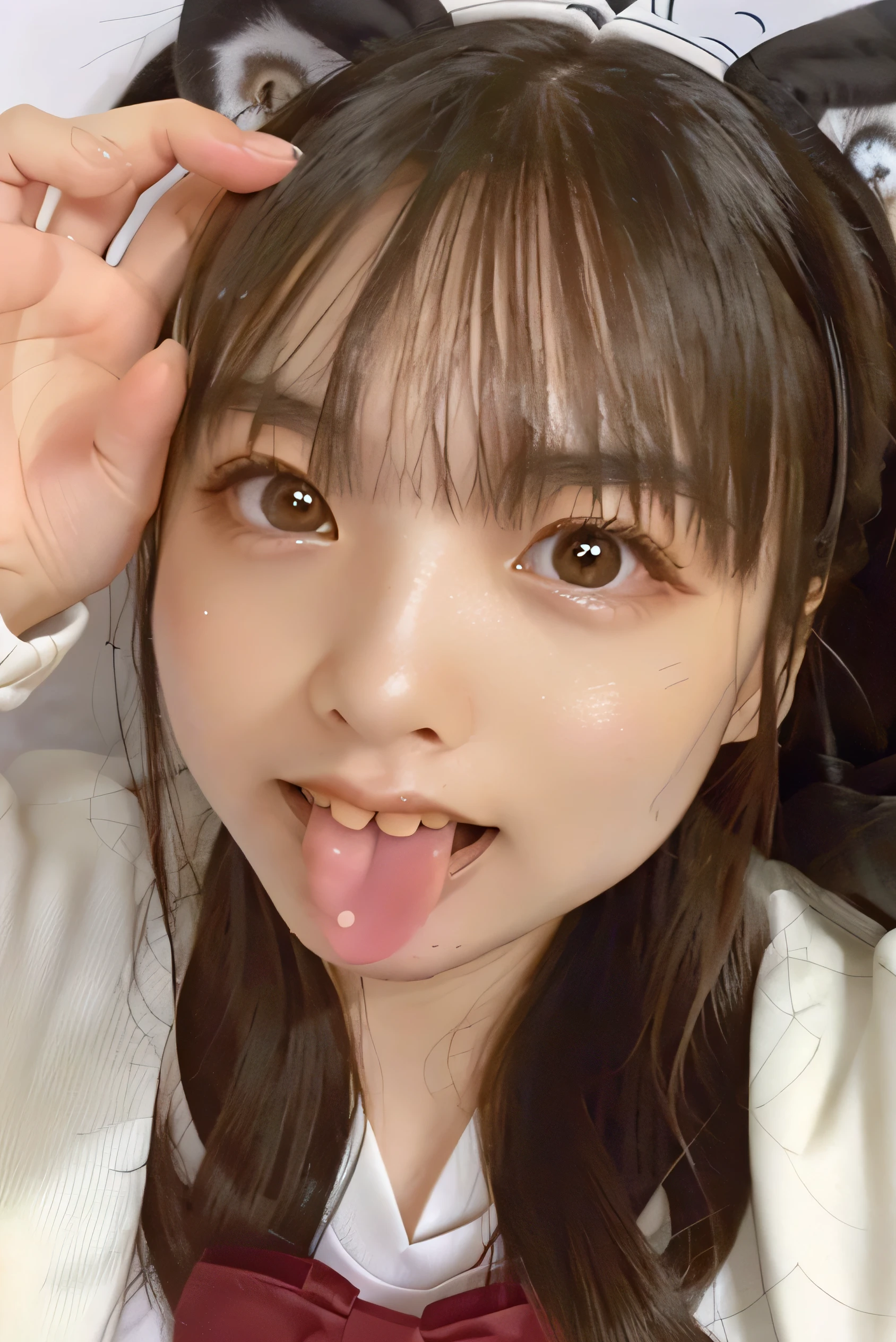 (Highest Resolution, clear_Image 1.2) 、(Beautiful girl with golden ratio face)、(15-year-old girl)、(Very lively eyes、wolf eyes 1.2)、wonderful, Tabletop, Attention to detail, Lip gloss、(((Twin-tailed rabbit style)))、Very beautiful girl、 alone, Beautiful girl like a model、(Long sleeve sailor suit、Very fine pleated scarf, Beautiful and exquisite, Attention to detail nose,((((Licking tongue)))、Top quality photo masterpiece、Incredible photo realism、Surrealist female portraits by David Hockney and Alphonse Mucha,(((Looking into the camera)))、((((Serious Eyes)))、(((Add highlights to the eyes)))、(((Looking into the camera)))、幸せそうにsmile,Perfect Makeup,smile,(14-year-old girl)、(Very lively eyes、wolf eyes 1.2)、