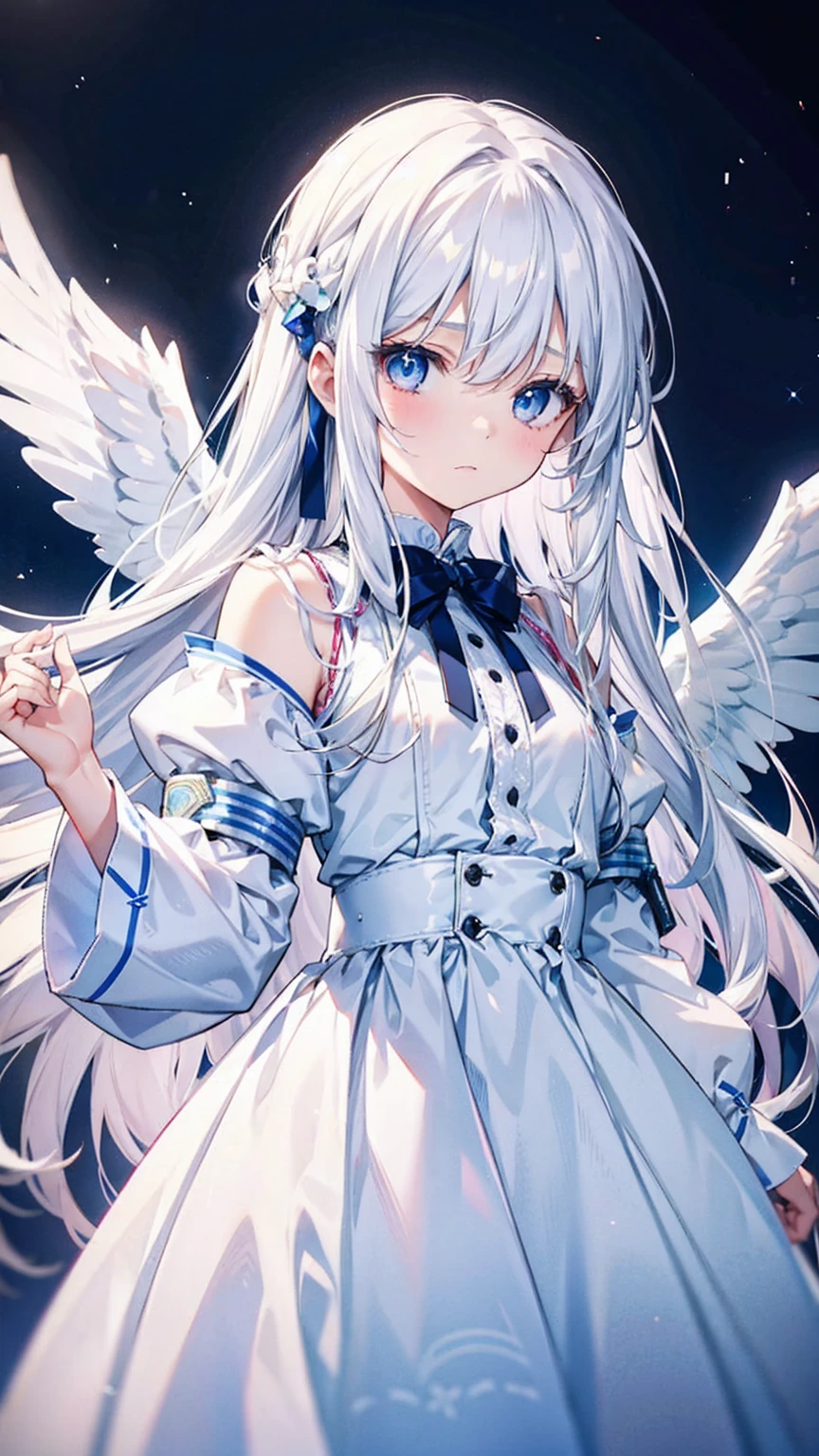 A pretty girl with long white hair and blue eyes、16 years old、Eyes wide and mouth agape in shock、White dress、Angel wings on the back