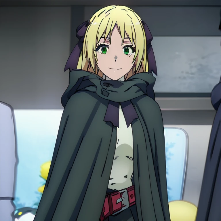 Solo, 1girl, esther rosenthal, smile, long hair, blonde hair, (green eyes:1.5), mole, mole under eye, black ribbon, black bow, hair ribbon, skirt, hooded cloak, cape, best quality, forest