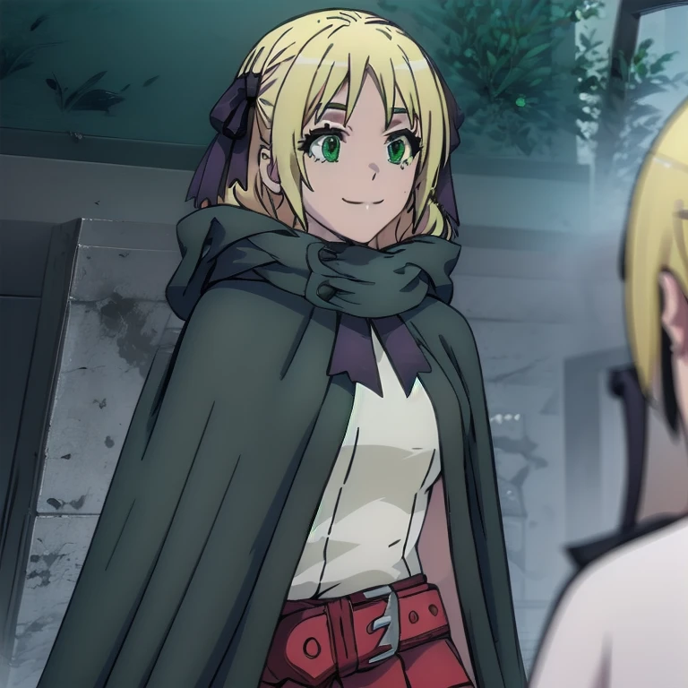 Solo, 1girl, esther rosenthal, smile, long hair, blonde hair, (green eyes:1.5), mole, mole under eye, black ribbon, black bow, hair ribbon, skirt, hooded cloak, cape, best quality, forest