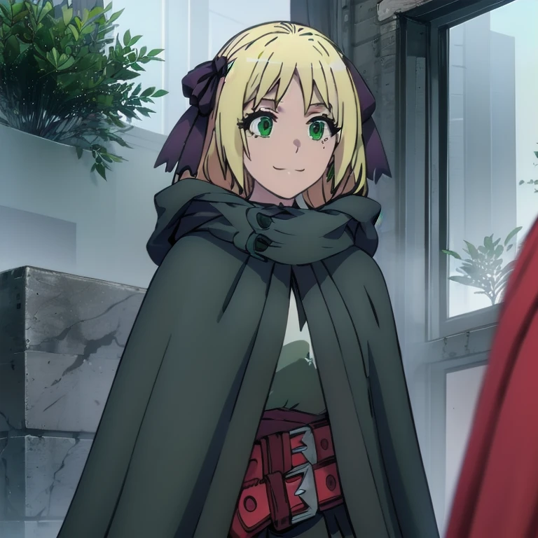 Solo, 1girl, esther rosenthal, smile, long hair, blonde hair, (green eyes:1.5), mole, mole under eye, black ribbon, black bow, hair ribbon, skirt, hooded cloak, cape, best quality, forest