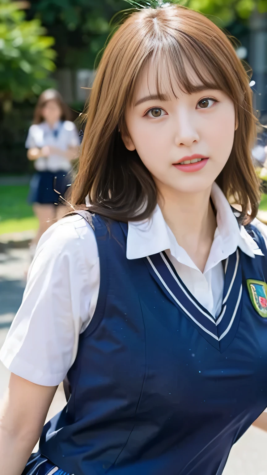 Top quality,sharp focus, 1 beautiful woman, wearing (summer school uniform:1.3),(busty breats:1.3),at street,upper body