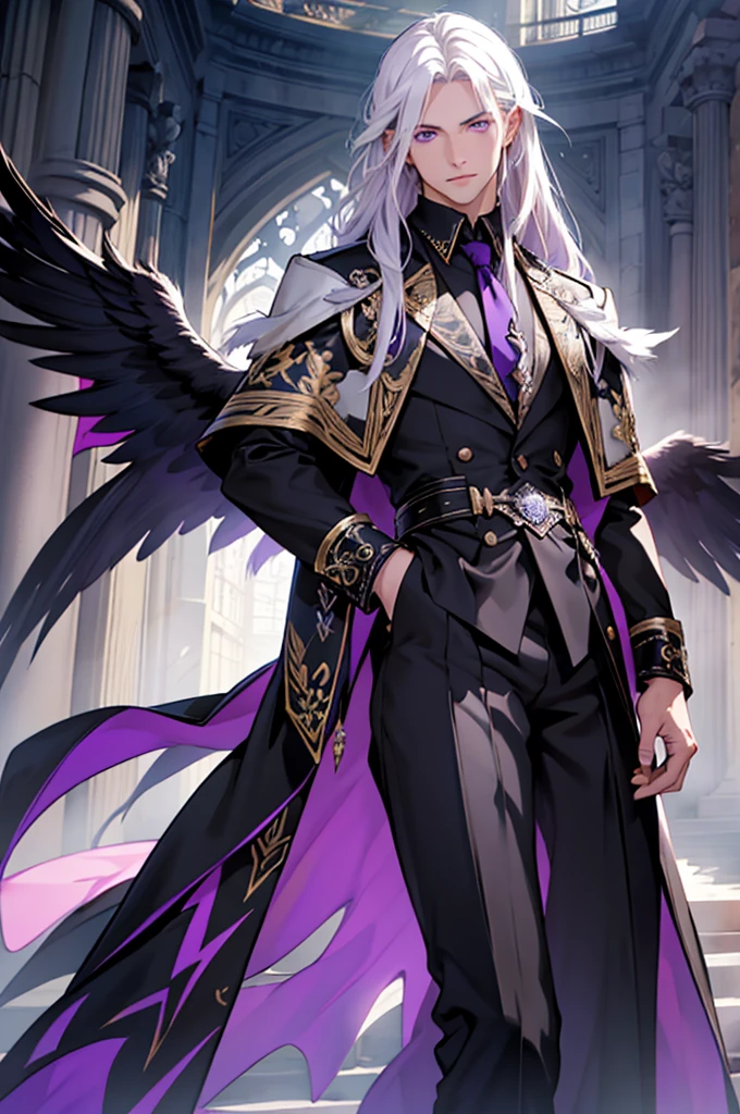 1 person, adult, ((young male)), Long platinum hair, high, youthful, Rothes Haar, purple eyes, black feather wings, Rafe, philosopher, Ernst, Exquisite clothing, difficult, Tiefenfeld, Dynamic light source, (Best quality), (masterpiece)