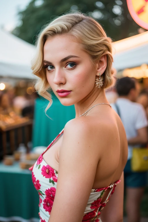 razor sharp focus,  intricate detail, a beautiful woman, at a carnival, 1950s vacation, 1950s hairstyle and clothes, blonde hair (cinematic lighting:1.1), photographed on a Fujifilm X-H2S, 90mm F/8 Macro Lens, with expired Kodak VISION3 500T color negative film, 8k, (full body:1.0)