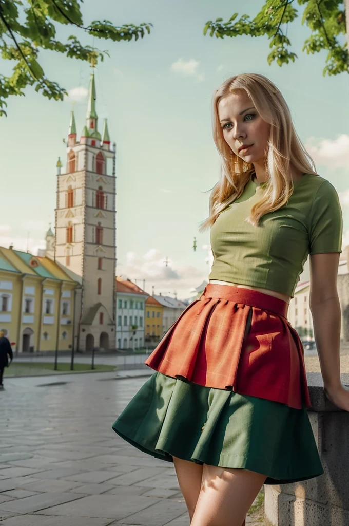 Lituania, pretty women blonde, ((In Vilnius City)), (((the Vilnius cathedrale tower))), (((wear a green top)), (((wear a red skirt)))