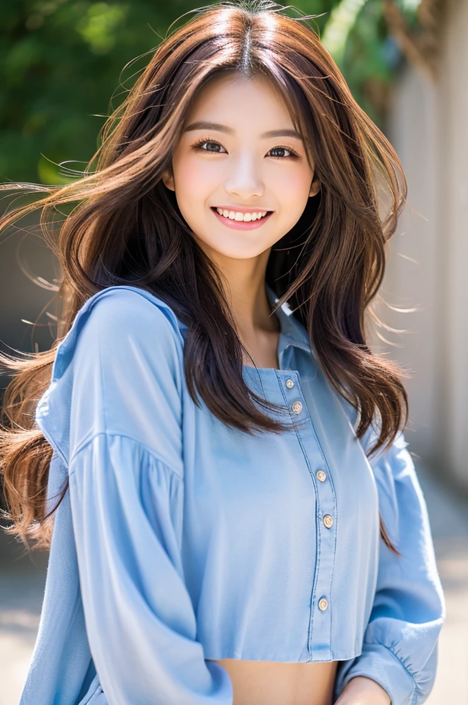 (Photo Real:1.4), (hyper realisitic:1.4), (Smooth lighting:1.05), 1 girl, (mournful smile:1.4), Mouth slightly open, Neat and clean beauty, 22 years old, Soft lighting, Back lighting, (cheerfulness:1.2), (Finest Real Textured Skins), Narrow-eyed, Super fine face, glowy skin, retinas, Anatomically correct, acurate, Super Detail, Textured skin, High quality, high details, Best Quality, High resolution,Morning forest with clear water flowing through it, Medium hair swaying in the wind, Bangs, Blouse
