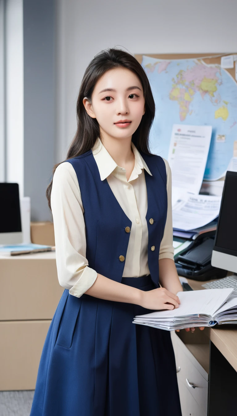 (masterpiece, best quality), at the back, Young people who are just starting out in social work, In the business office, There are too many files to process, distressed