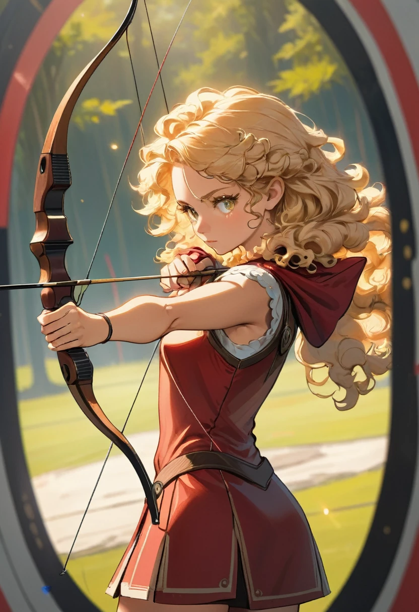 (A female archer at a shooting range aiming a bow and arrow at a target in the distance), 1girl, Alone, blonde hair, curly hair, long hair, amber eyes, archer pose, perfect body, anatomically correct, side view, Masterpiece, The best quality, high detail