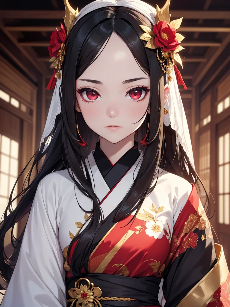 (8K, Best Quality, Masterpiece, Ultra High Resolution) 1 Girl, Woman, Beautiful Eyes, Face Details, Long Black Hair, Hair Styled, Red Eyes, Pale Skin, Kimono, Red Kimono with White Flower Pattern, Gold Details, Dark Castle, Royalty Best Quality, Upper Body, Looking at the Viewer, Facing Viewer, Close Up