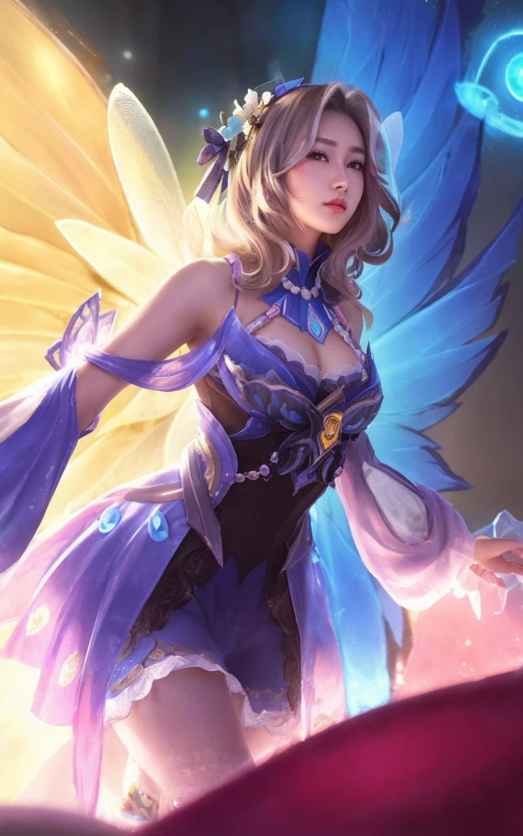 High resolution image of Mobile Legends character with a very beautiful face like a Japanese person, smooth and flawless skin, realistic and proportional facial features, bright and lively eyes, with natural and attractive facial expressions, slightly enlarged chest area 