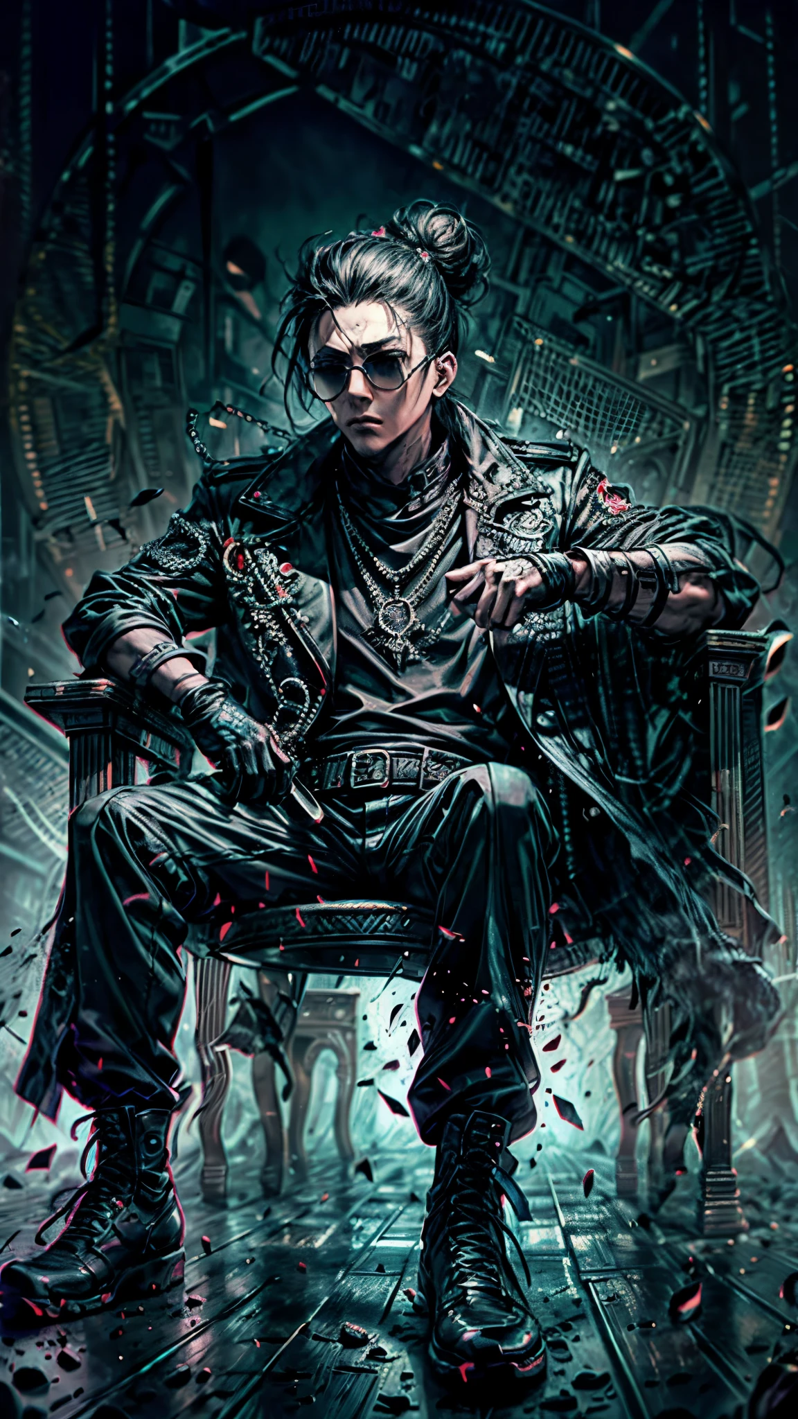 a stylish korean man with long hair tied in bun, wearing black round sunglasses, black leather gloves, dark clothing, sitting on a chair in a dark environment, dynamic point of view, best quality, ultra-detailed, photorealistic, vivid colors, dramatic lighting, chiaroscuro, dark and moody atmosphere, masculine, charismatic, punk style