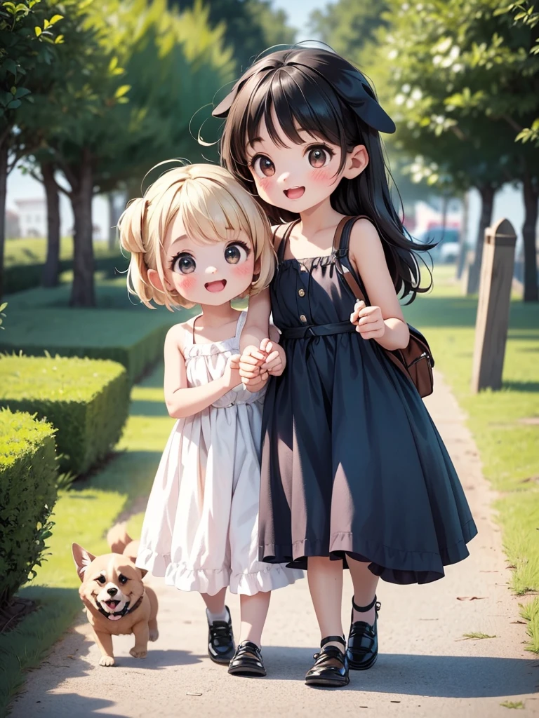 Two Girls、Very close sisters、Walk hand in hand、Having fun and being excited、They both walk with a bounce、Happy smile、A cute, cool sleeveless dress、Walking alongside a large dog、Nothing in my hands、Watching the audience、(Quadrupedal Dog、Same height as her sister:1.5、Bushy white hairs、Very gentle and caring)