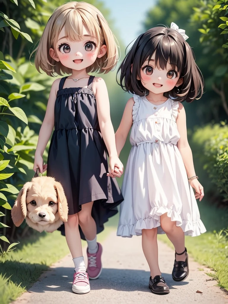Two Girls、Very close sisters、Walk hand in hand、Having fun and being excited、They both walk with a bounce、Happy smile、A cute, cool sleeveless dress、Walking alongside a large dog、Nothing in my hands、Watching the audience、(Quadrupedal Dog、Same height as her sister:1.5、Bushy white hairs、Very gentle and caring)