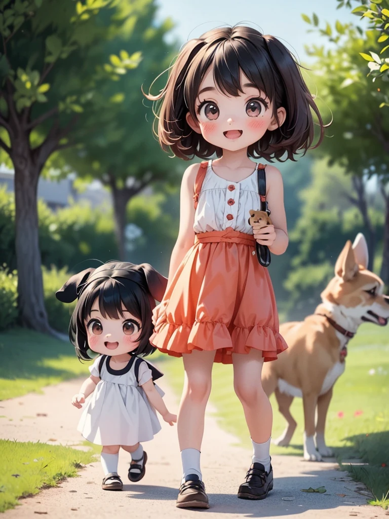 Two Girls、Very close sisters、Walk hand in hand、Having fun and being excited、They both walk with a bounce、Happy smile、A cute, cool sleeveless dress、Walking alongside a large dog、Nothing in my hands、Watching the audience、(Quadrupedal Dog、Same height as her sister:1.5、Bushy white hairs、Very gentle and caring)
