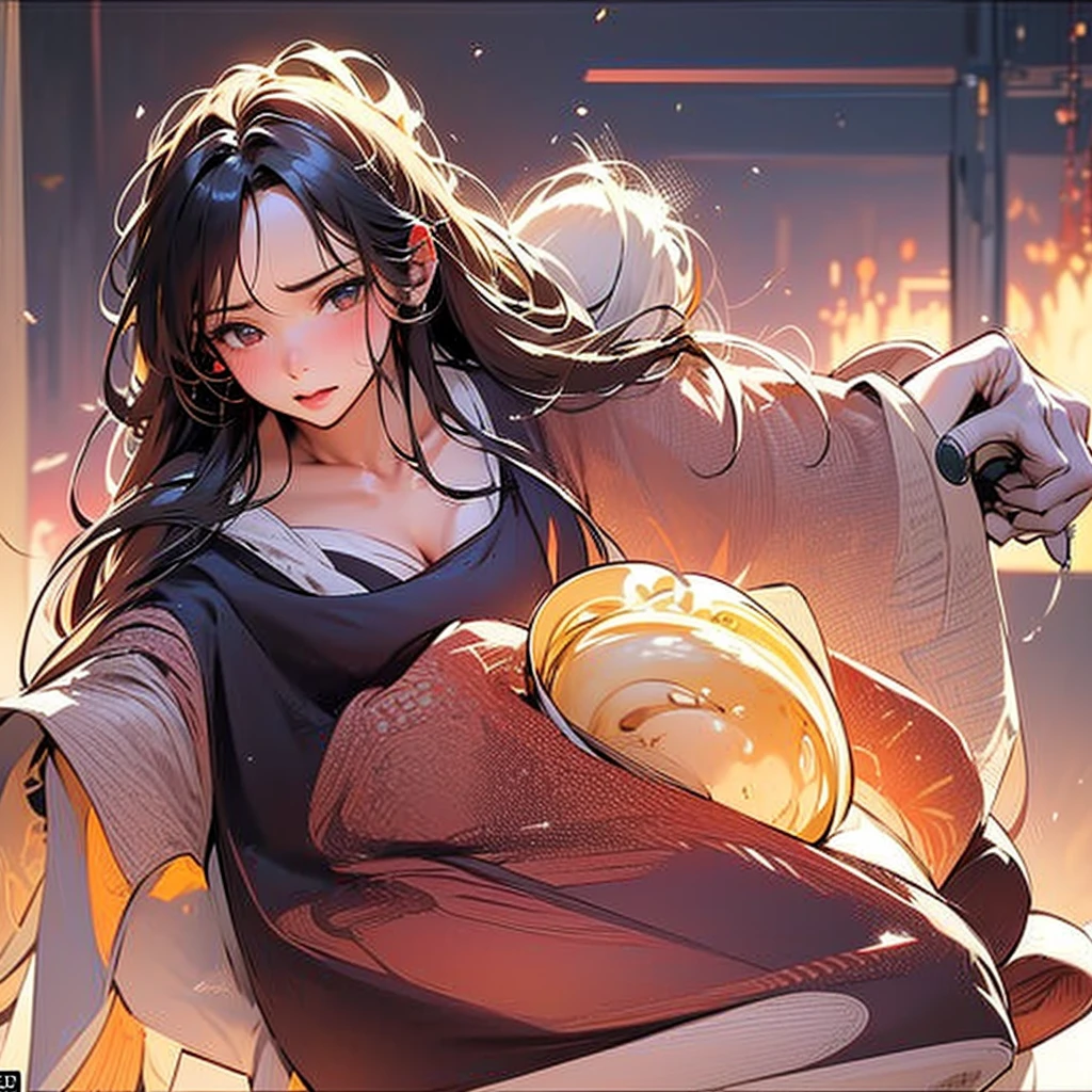 NSFW, sexy, erotic, a hyper-realistic anime-style girl VTuber with long, flowing hair and large, sparkling eyes is live streaming, sitting at her desk in an exquisitely detailed and cozy room adorned with intricate posters, plush toys, and various decorations. The desk is cluttered with streaming equipment illuminated by vibrant, colorful LED lights, creating a captivating and lively atmosphere. She is wearing an adorable outfit and holding a steaming cup of hot cocoa. The angle changes to an extremely dynamic and unique view, focusing intently on the surface of the hot cocoa, featuring an incredibly detailed and charming cute girl design as latte art, without a saucer. Her hand and part of her face are visible as she joyfully introduces the hot cocoa to her viewers. Elements of her live streaming setup, including a microphone, camera, and chat screen, are prominently displayed on the desk, alongside scattered mahjong tiles and a monitor showcasing an intense mahjong game stream. The background is rich with meticulously crafted items, enhancing the cozy and mysterious ambiance. The warm, inviting room light and vibrant LED lights provide a stunning contrast, creating a perfect balance of brightness and shadow. Every detail is rendered with the highest level of precision and clarity, showcasing the warmth of the scene and the allure of the hot cocoa with cute girl latte art, while emphasizing the thrilling mahjong game stream in the most breathtaking quality imaginable. The VTuber's enthusiasm and love for both hot cocoa and mahjong are vividly depicted, making her personality shine through in this extraordinary masterpiece. Enhance the overall resolution and detail to the highest possible level for a strikingly detailed and vibrant image.