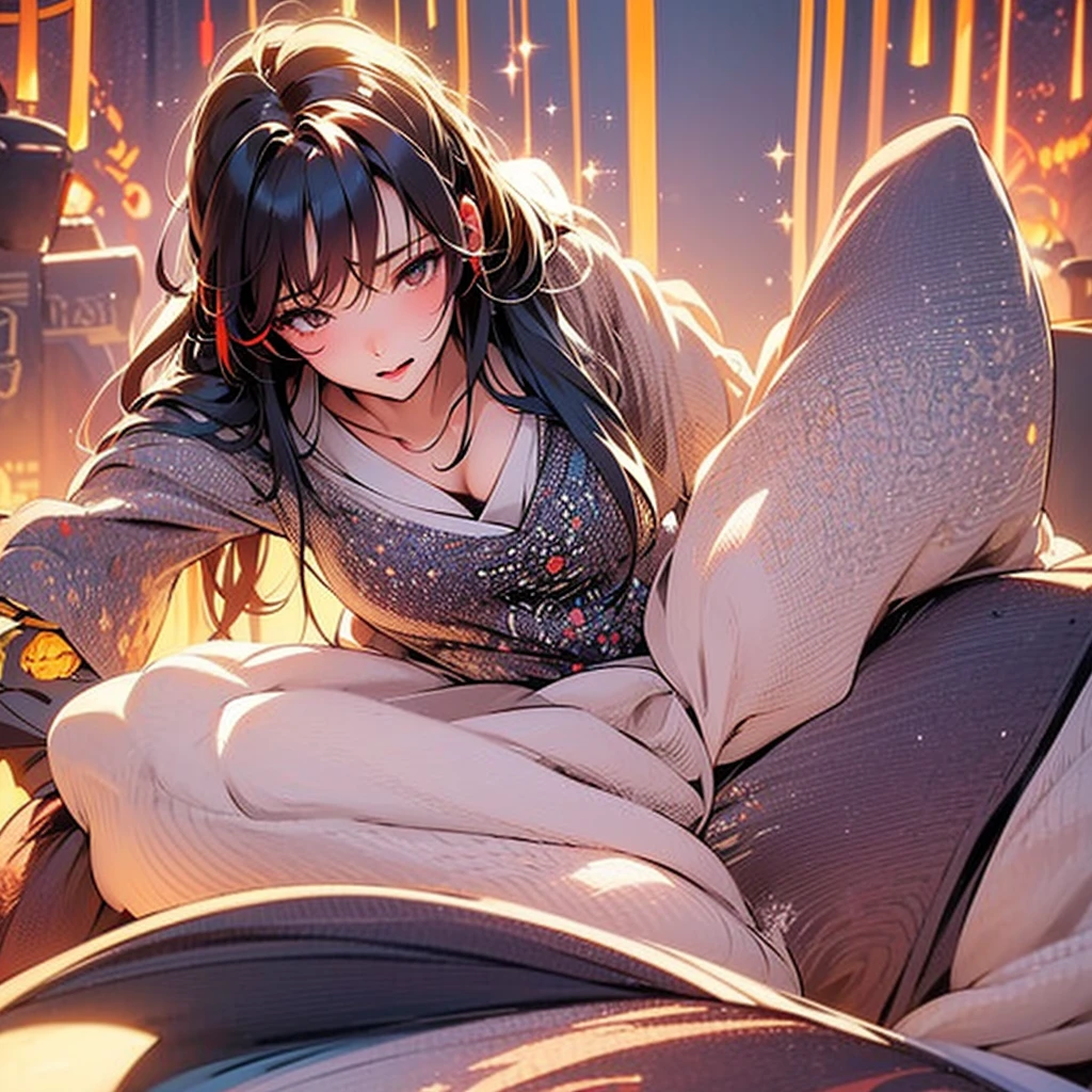 NSFW, sexy, erotic, a hyper-realistic anime-style girl VTuber with long, flowing hair and large, sparkling eyes is live streaming, sitting at her desk in an exquisitely detailed and cozy room adorned with intricate posters, plush toys, and various decorations. The desk is cluttered with streaming equipment illuminated by vibrant, colorful LED lights, creating a captivating and lively atmosphere. She is wearing an adorable outfit and holding a steaming cup of hot cocoa. The angle changes to an extremely dynamic and unique view, focusing intently on the surface of the hot cocoa, featuring an incredibly detailed and charming cute girl design as latte art, without a saucer. Her hand and part of her face are visible as she joyfully introduces the hot cocoa to her viewers. Elements of her live streaming setup, including a microphone, camera, and chat screen, are prominently displayed on the desk, alongside scattered mahjong tiles and a monitor showcasing an intense mahjong game stream. The background is rich with meticulously crafted items, enhancing the cozy and mysterious ambiance. The warm, inviting room light and vibrant LED lights provide a stunning contrast, creating a perfect balance of brightness and shadow. Every detail is rendered with the highest level of precision and clarity, showcasing the warmth of the scene and the allure of the hot cocoa with cute girl latte art, while emphasizing the thrilling mahjong game stream in the most breathtaking quality imaginable. The VTuber's enthusiasm and love for both hot cocoa and mahjong are vividly depicted, making her personality shine through in this extraordinary masterpiece. Enhance the overall resolution and detail to the highest possible level for a strikingly detailed and vibrant image.