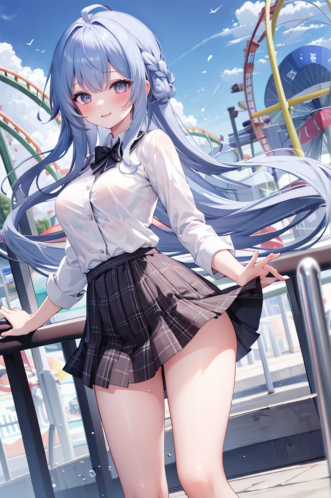masterpiece, best quality, high resolution, 1 girl, hair, long hair, Bangs, medium breasts, Soaked white shirt, black skirt, Plaid skirt, Smile, amusement park,Expose the vagina,No cover, no underwear, no underwear,Expose the vagina no underwear, no underwear,A coquettish expression