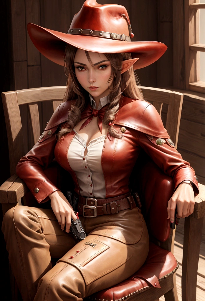 cowboy woman sitting on a chair with a red leather cowboy hat with elf-type ears, realistic anime style, with a cowboy gun in her hands, full body cowboy heels