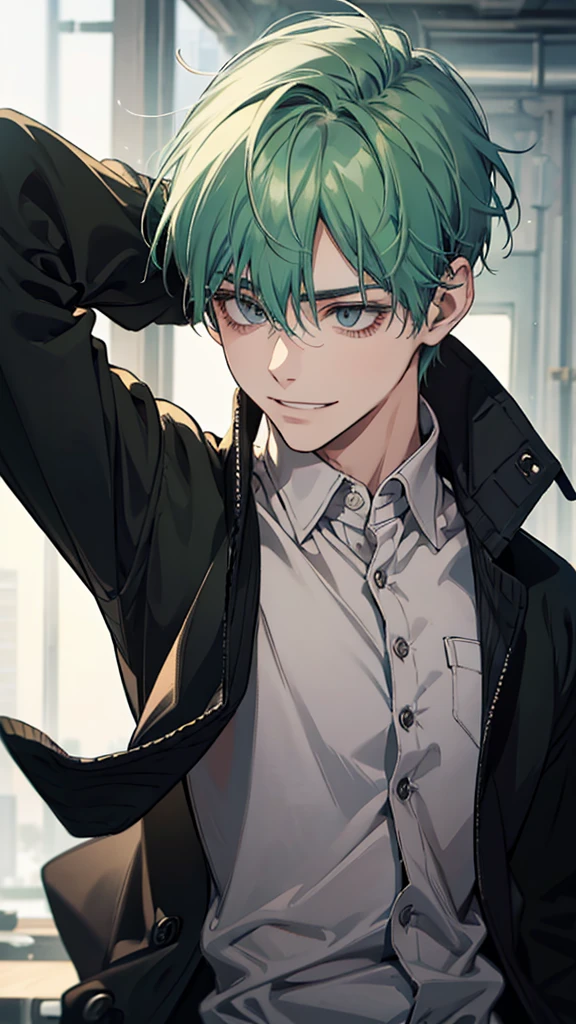 Man, young man, green hair, cold expression, no eyebrows, slanted eyes, grey eyes, black cardigan, upper body, arms down, wicked smile