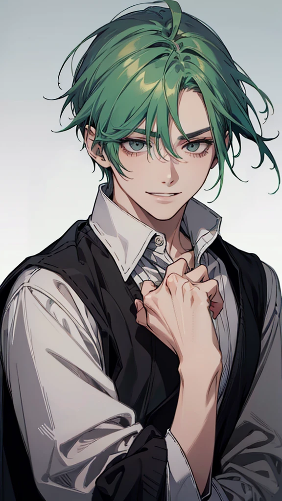Man, young man, green hair, cold expression, no eyebrows, slanted eyes, grey eyes, black cardigan, upper body, arms down, wicked smile