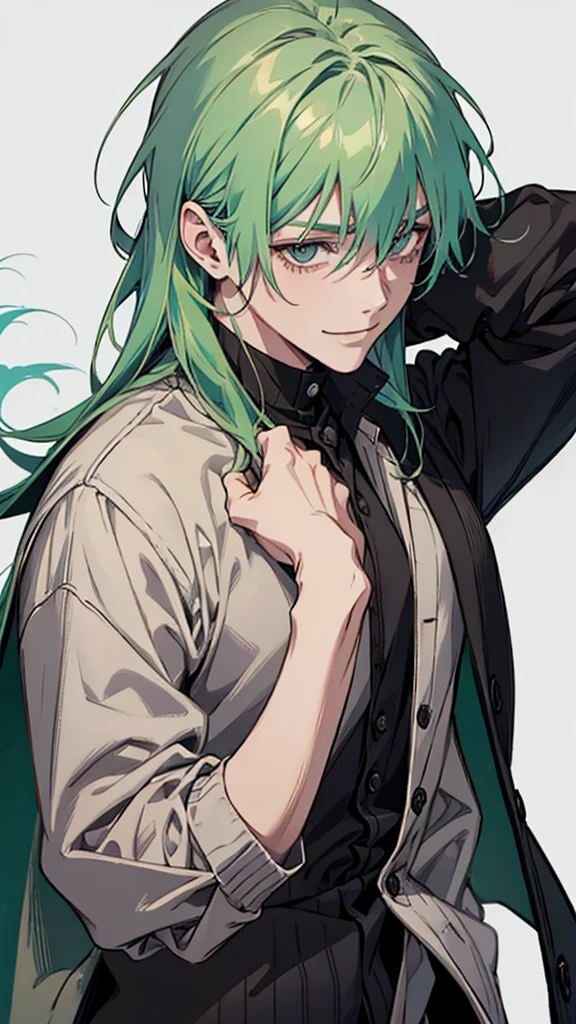 Man, young man, green hair, cold expression, no eyebrows, slanted eyes, grey eyes, black cardigan, upper body, arms down, wicked smile