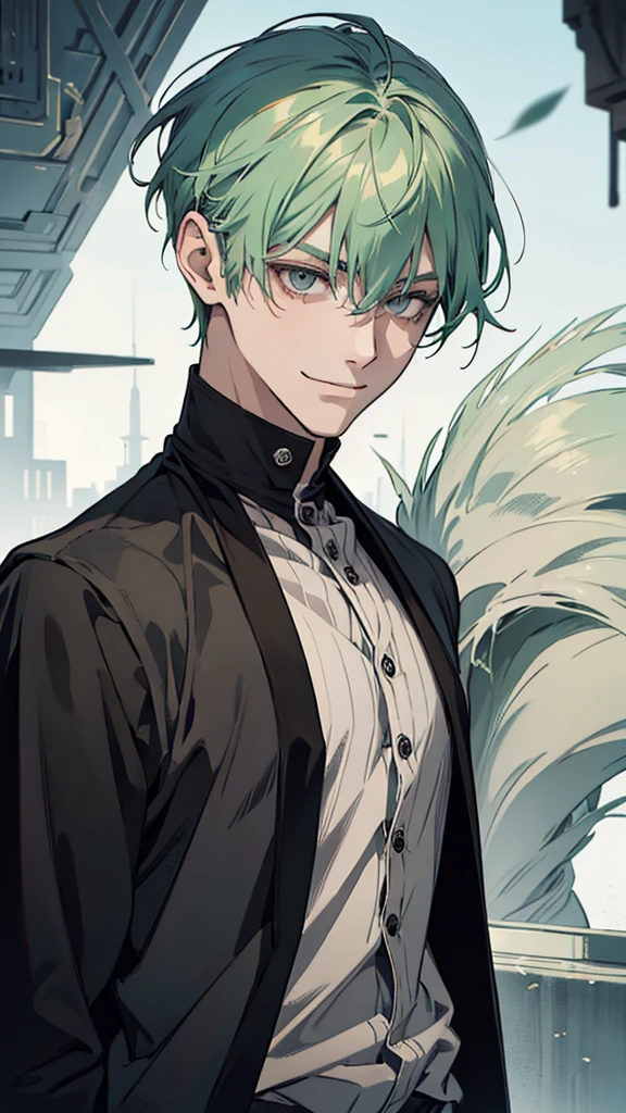 Man, young man, green hair, cold expression, no eyebrows, slanted eyes, grey eyes, black cardigan, upper body, arms down, wicked smile