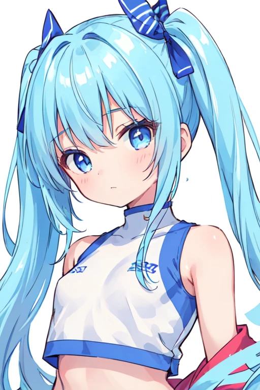 (best quality, masterpiece:1.2), ultra detailed, extremely detailed eyes and face, natural skin texture, detailed skin, natural lighting,
 chibi, 1 girl, 14-years-old, (cute),
 twin tails, light blue hair, shiny hair,
 blue eyes,
 small breasts,
 BREAK cheerleader, white and blue crop top, white and red sleeveless shirt,
 upper body,