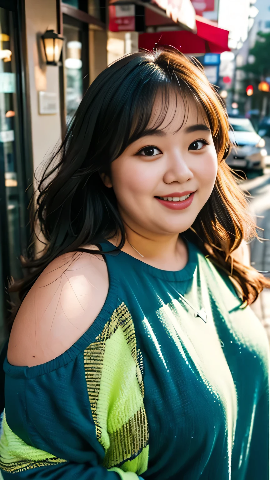 Fat Woman, Obese, Big Size, Round face, Double chin, Overweight,Shoulder-length fluffy hair , Having a sandwich,Looking at the camera,smile、